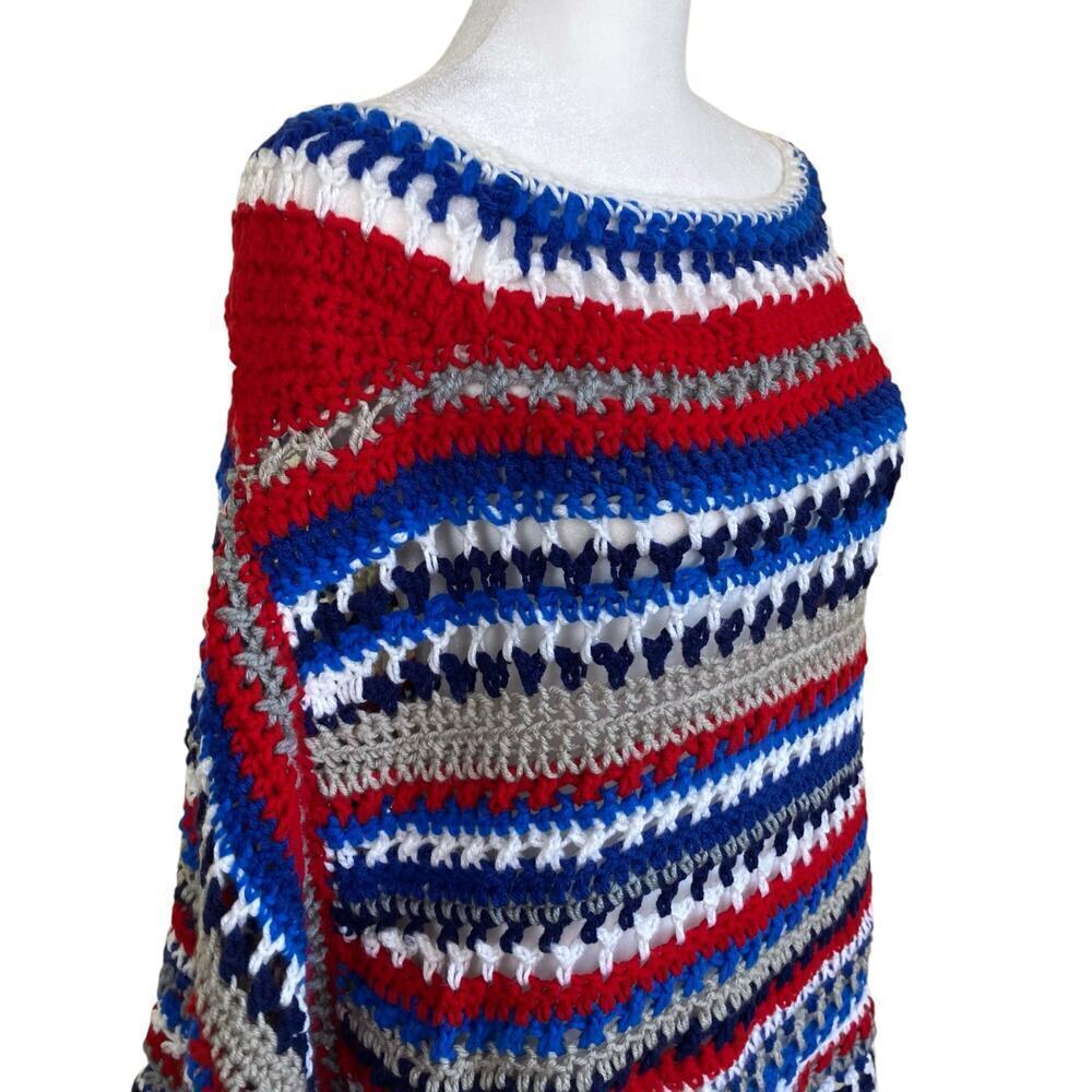 Handmade Boho Chunky Open Knit Crochet Poncho Patriotic Colors Textured OS - Picture 5 of 16